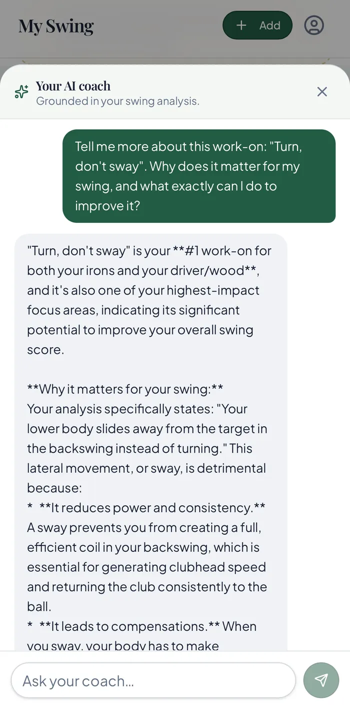 NAILED AI coach chat answering a question about a work-on, grounded in the golfer's own swing analysis