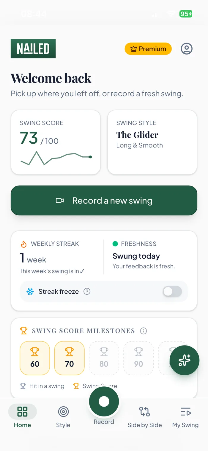 NAILED signed-in dashboard showing a Swing Score of 73, Swing Style The Glider, a weekly streak and Swing Score milestones