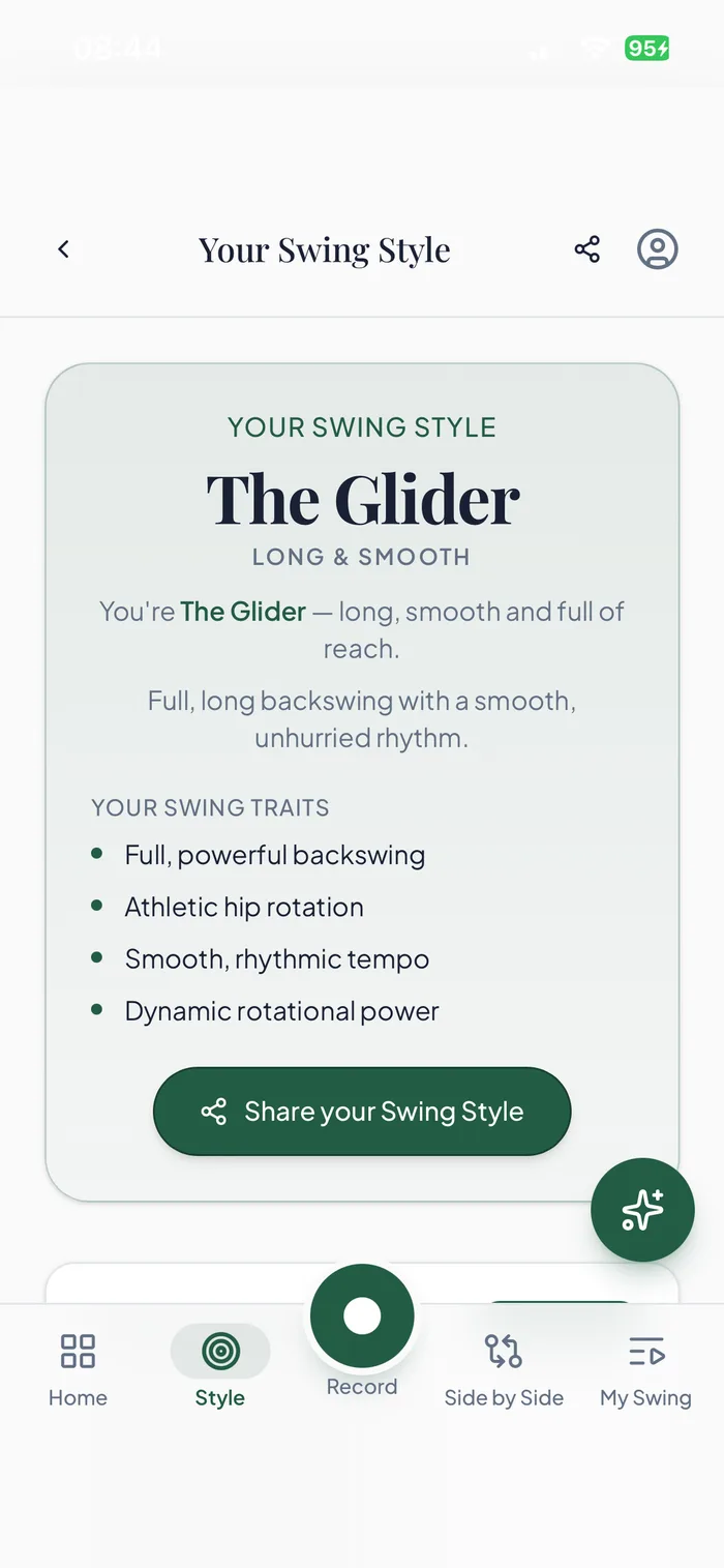 NAILED Swing Style screen showing your style — The Glider (Long & Smooth) — with your swing traits and a share button